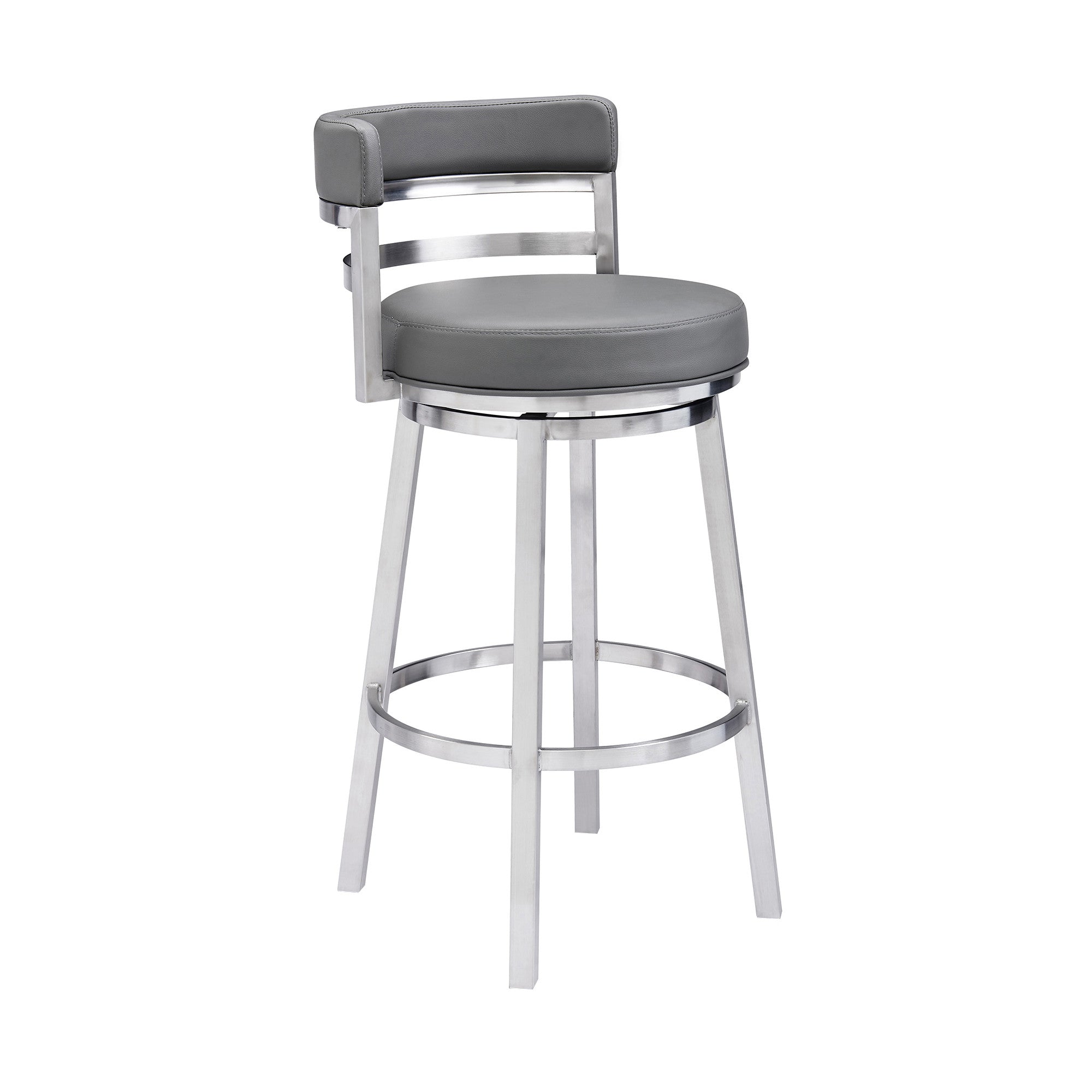 26" Gray And Silver Faux Leather And Faux Leather And Iron Low Back Counter Height Swivel Bar Chair - Living Room