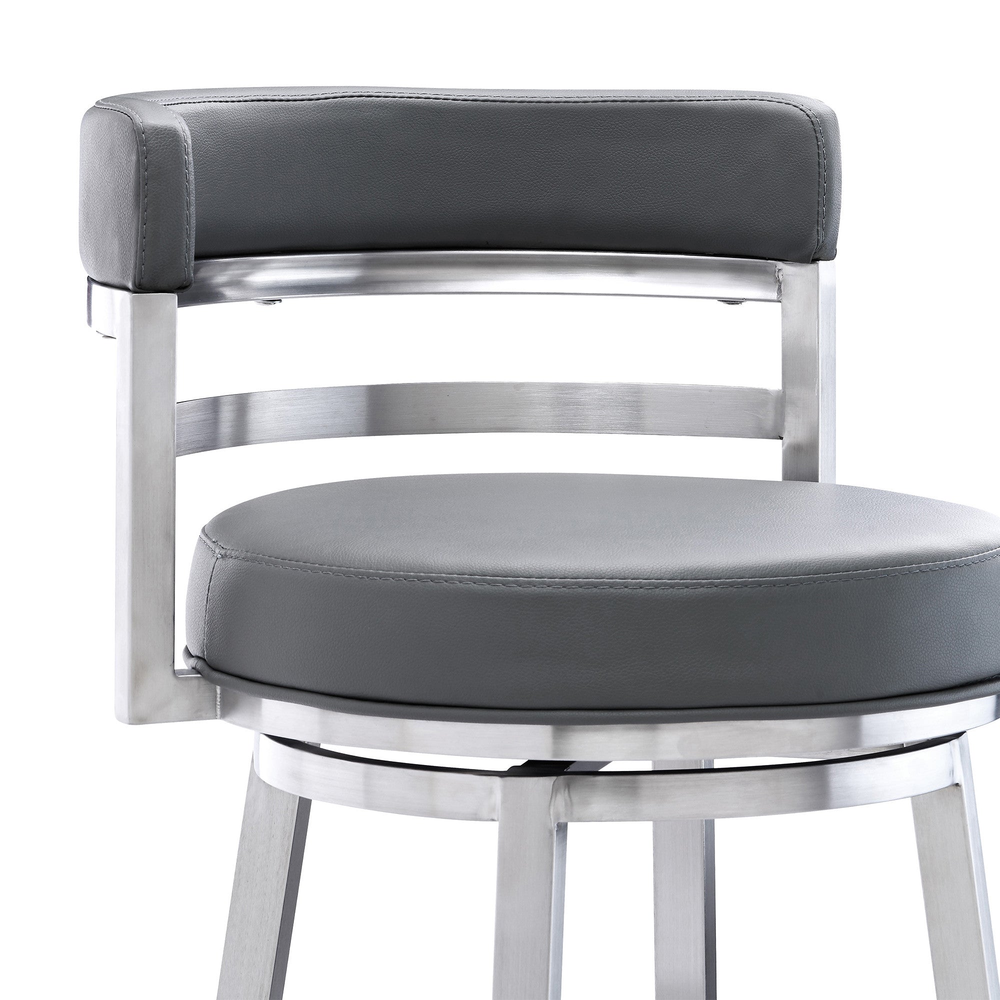 26" Gray And Silver Faux Leather And Faux Leather And Iron Low Back Counter Height Swivel Bar Chair - Living Room