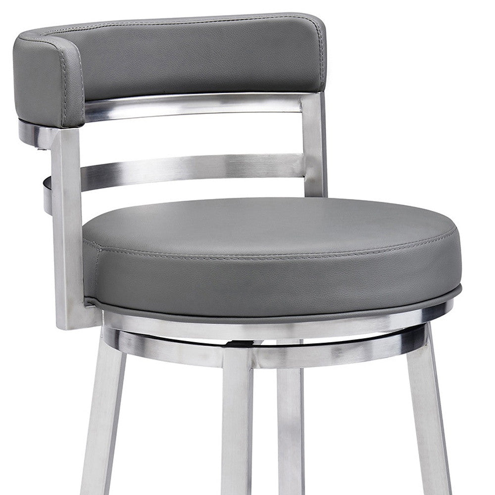 26" Gray And Silver Faux Leather And Faux Leather And Iron Low Back Counter Height Swivel Bar Chair - Living Room