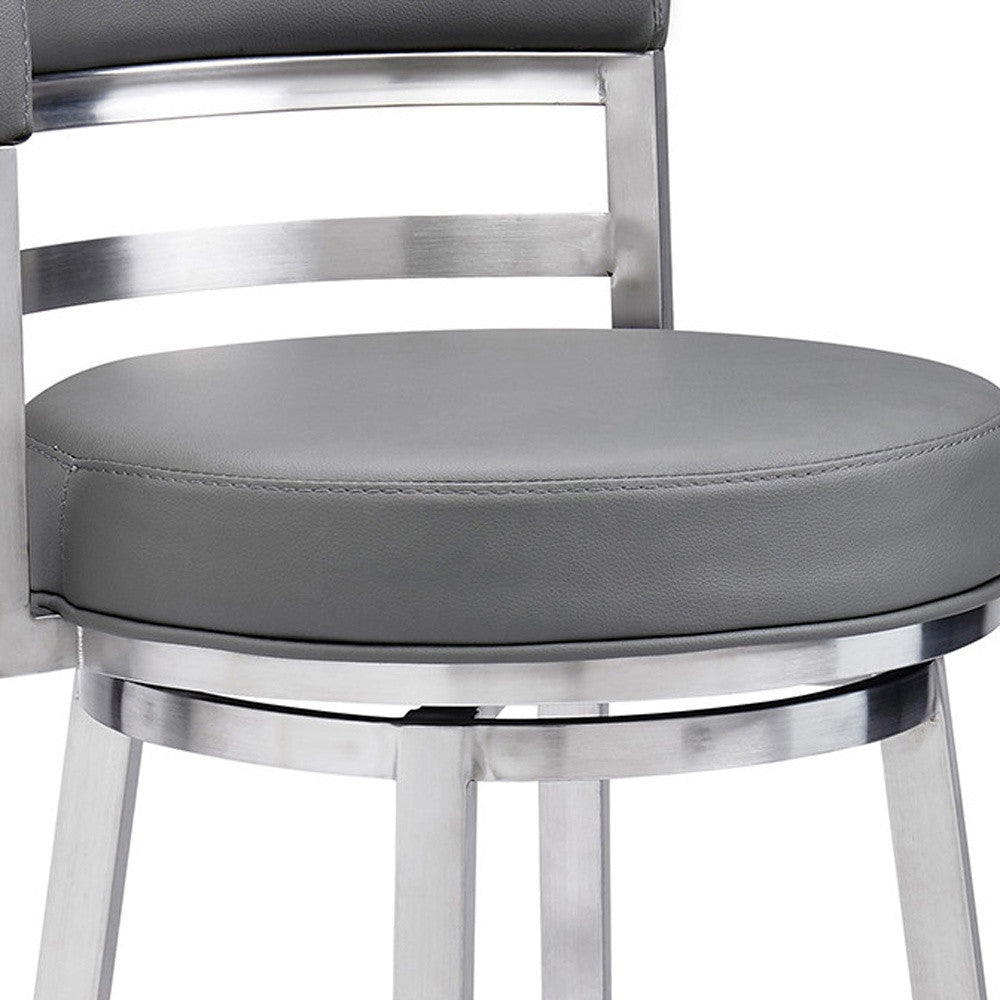 26" Gray And Silver Faux Leather And Faux Leather And Iron Low Back Counter Height Swivel Bar Chair - Living Room