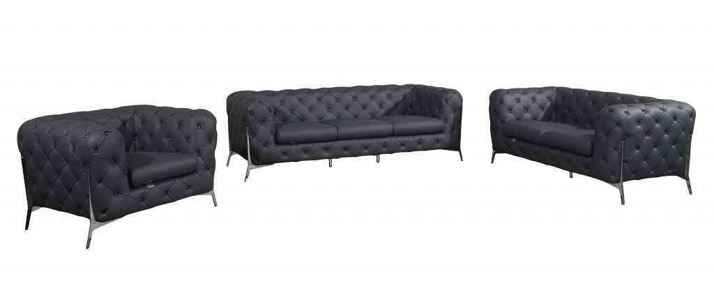 Three Piece Indoor Dark Gray Italian Leather Six Person Seating Set