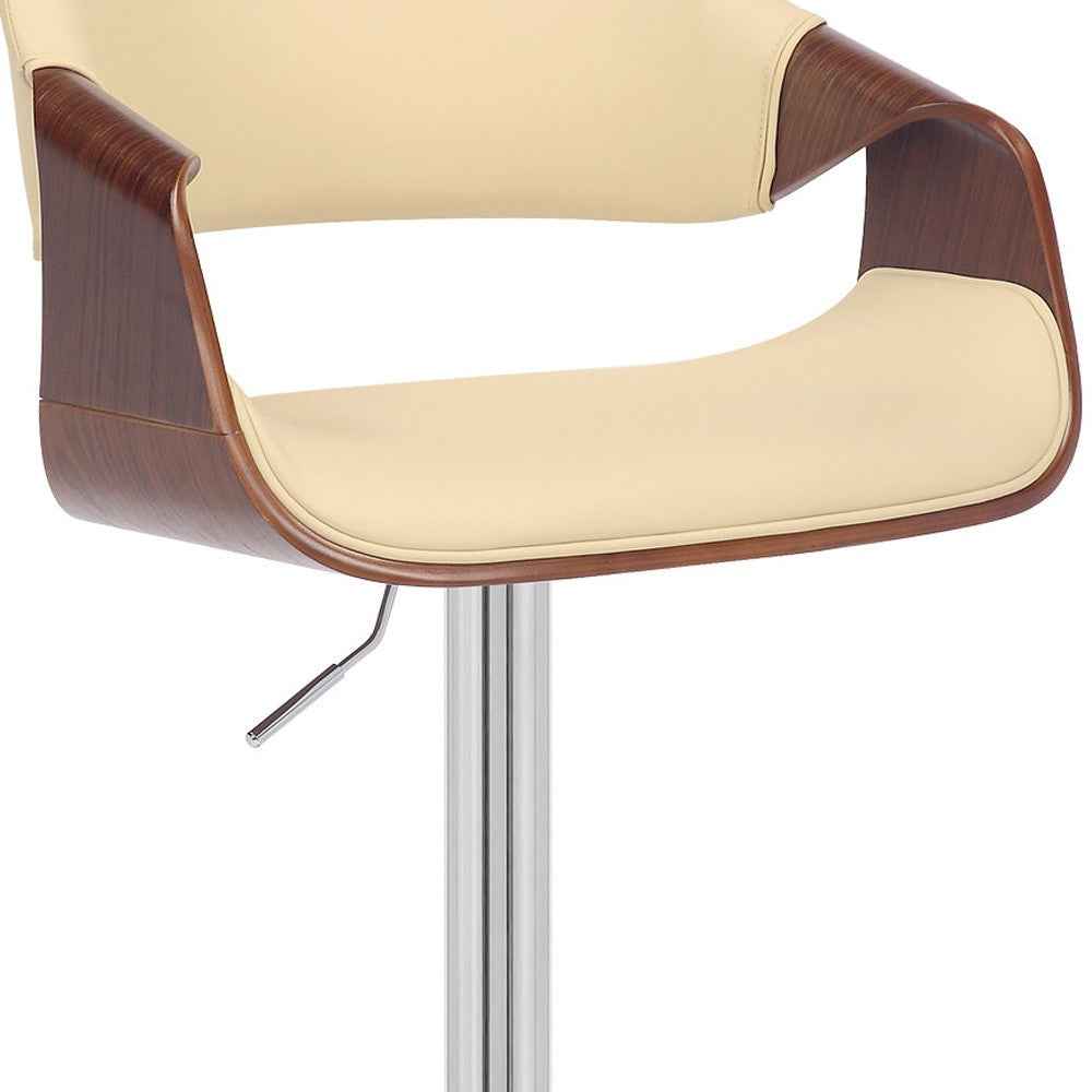 Cream and Silver Faux Leather Iron And Wood Adjustable Height Swivel Bar Chair