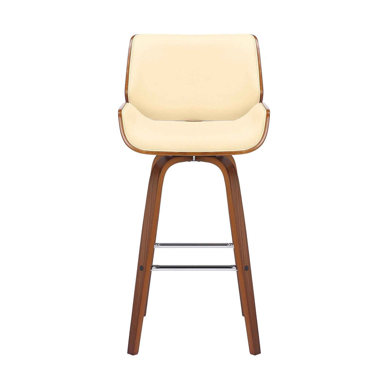 26" Cream And Brown Faux Leather And Solid Wood Swivel Counter Height Bar Chair