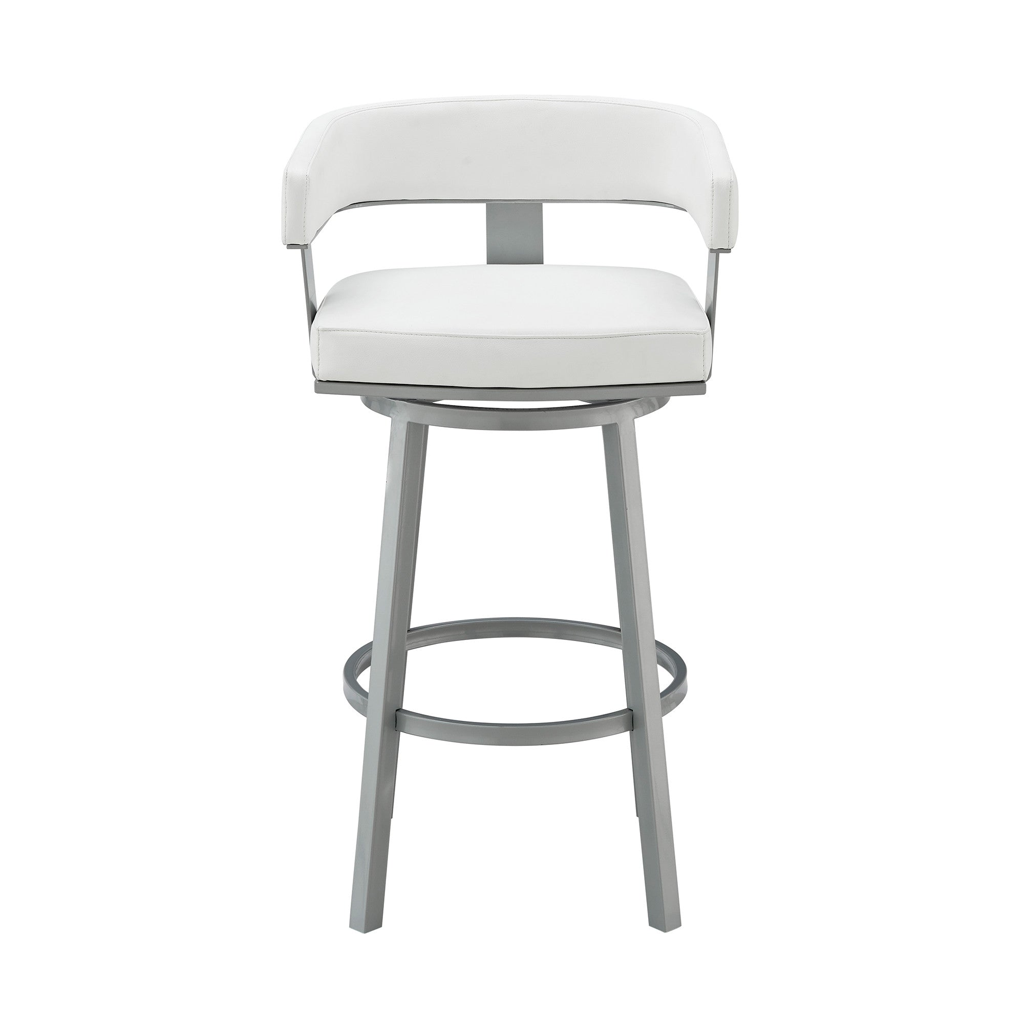 26" White And Gray Faux Leather And Fabric And Iron Low Back Counter Height Swivel Bar Chair - Living Room