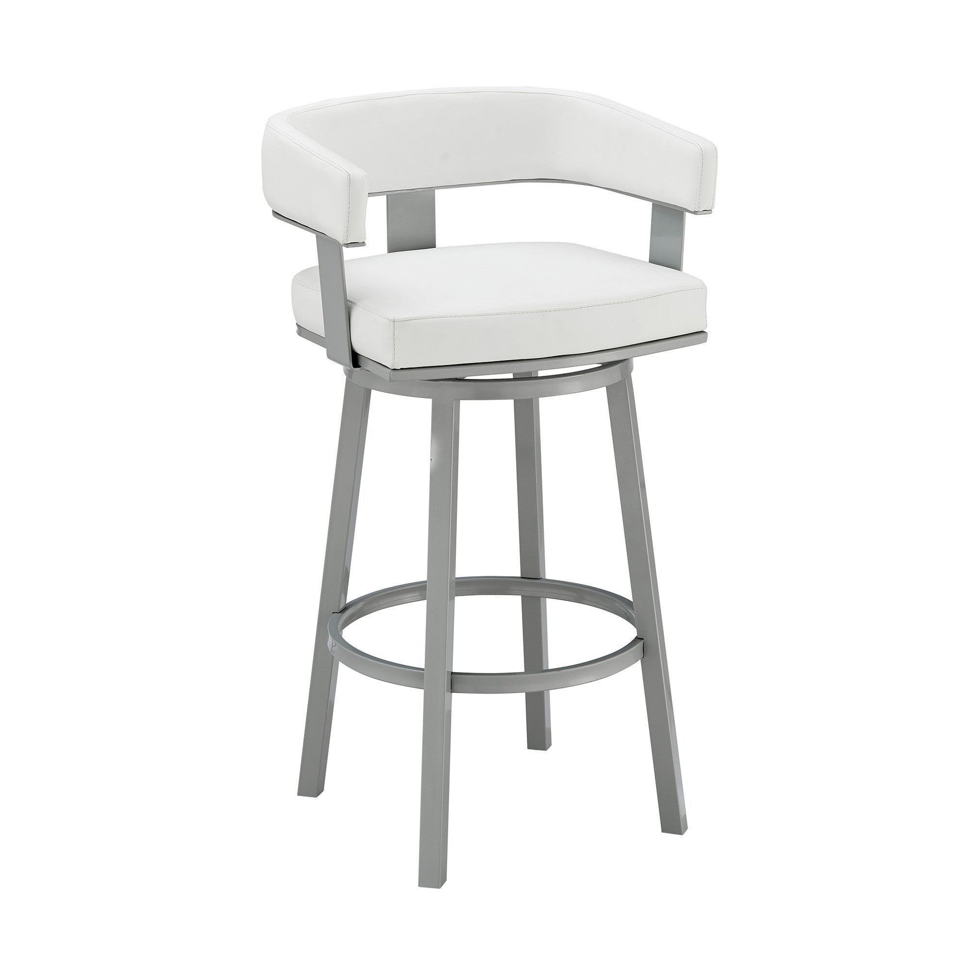 26" White And Gray Faux Leather And Fabric And Iron Low Back Counter Height Swivel Bar Chair - Living Room