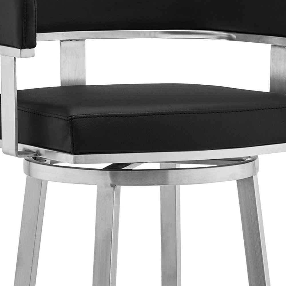 30" Black And Silver Faux Leather And Iron Swivel Low Back Bar Height Bar Chair