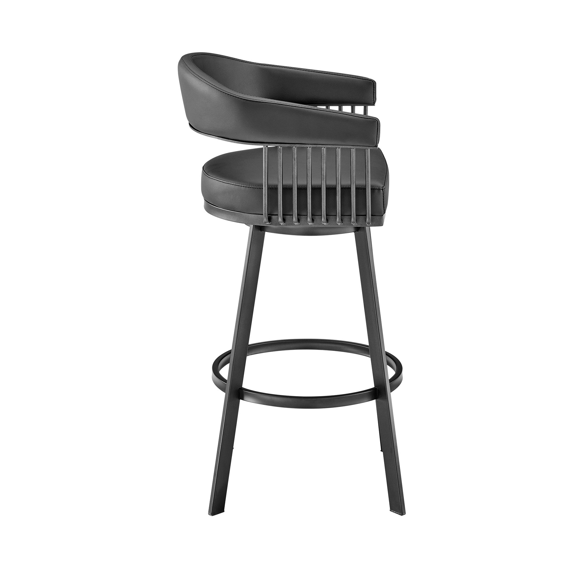 29" Black Fabric And Iron Low Back Bar Height Swivel Bar Chair - Living Room
