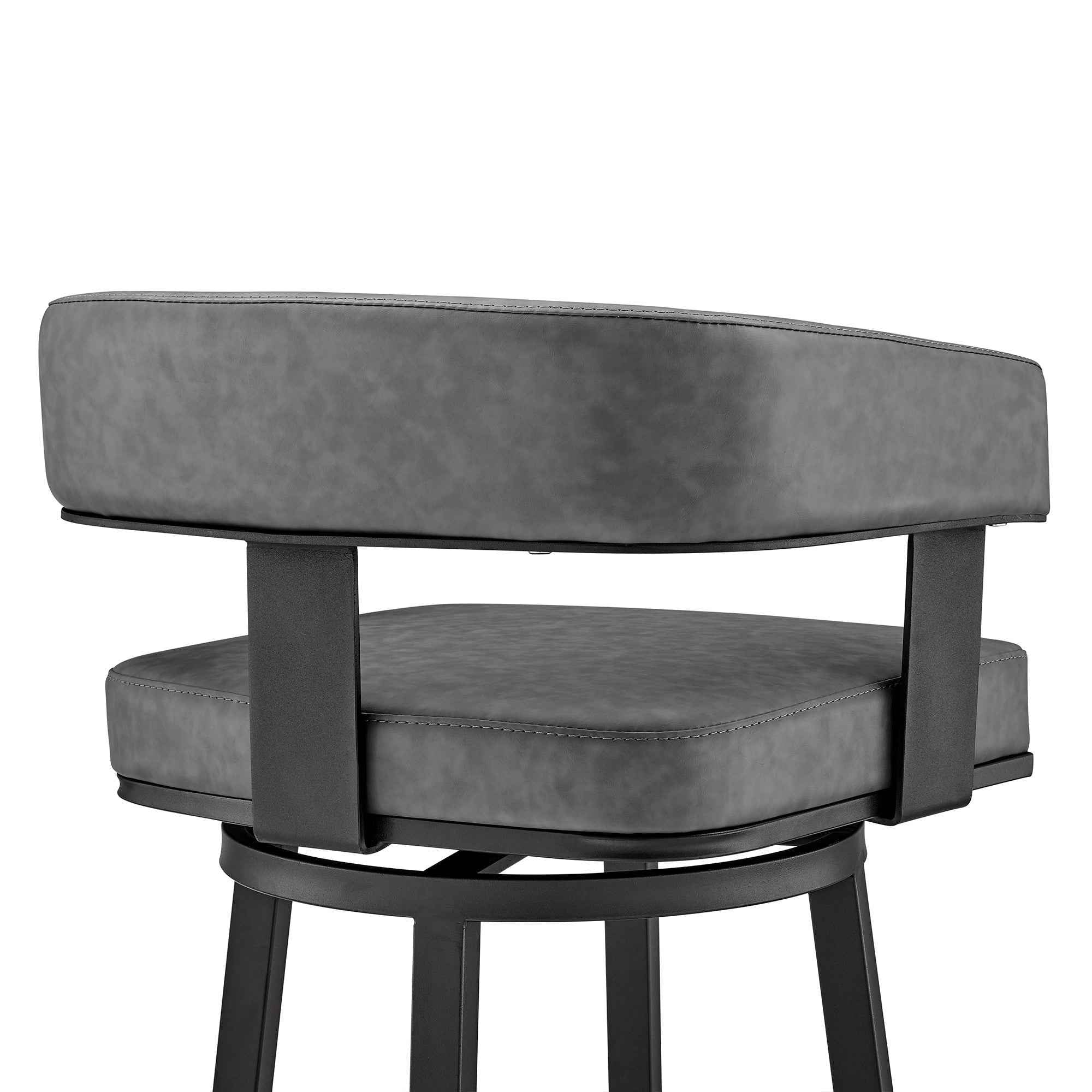 30" Gray and Black Faux Leather and Iron Low Back Bar Height Swivel Bar Chair