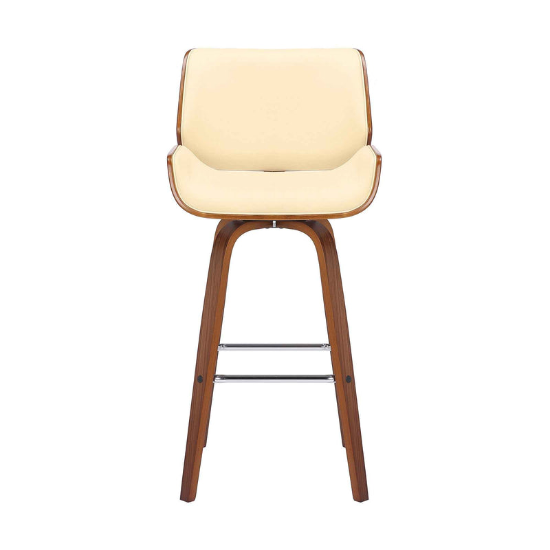 30" Cream And Brown Faux Leather And Solid Wood Swivel Bar Height Bar Chair