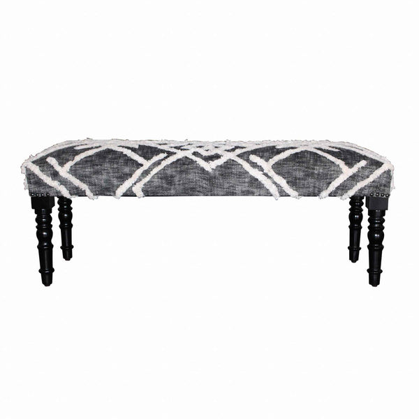 47" Gray And White Geometric Cotton Upholstered Distressed Bench Default Title