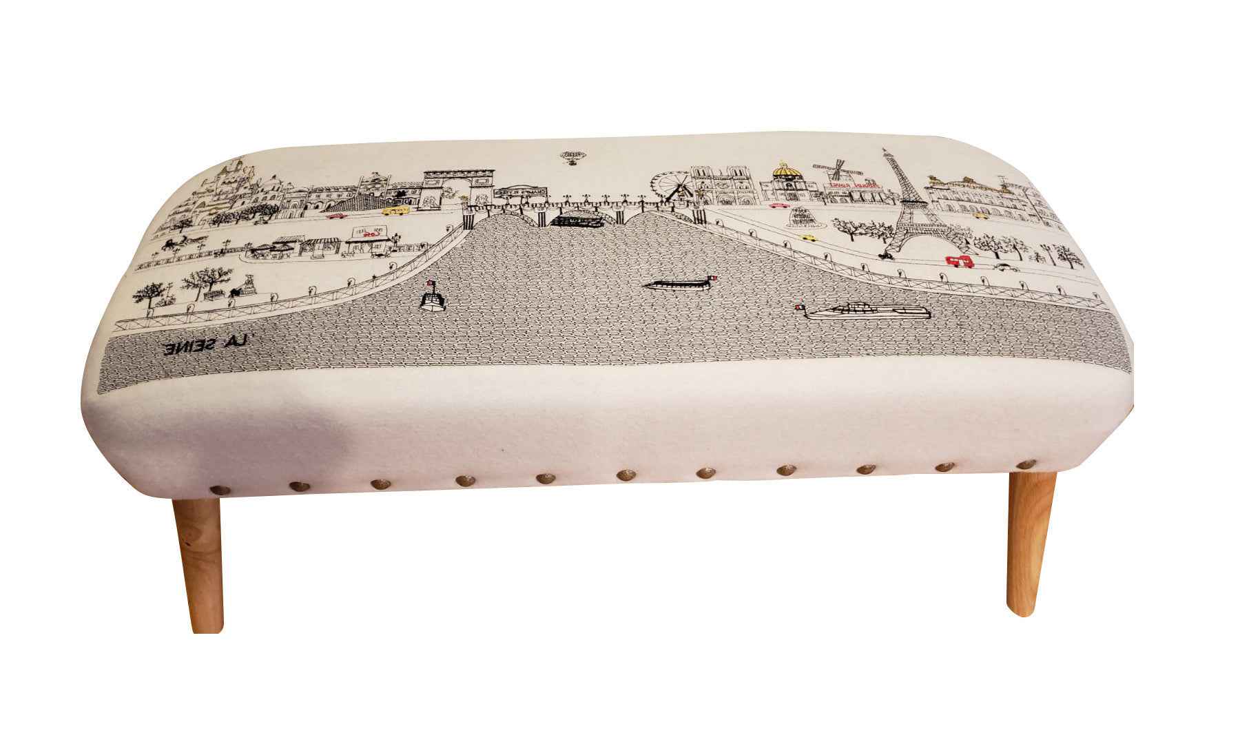 38" Cream Wool and Brown Ottoman