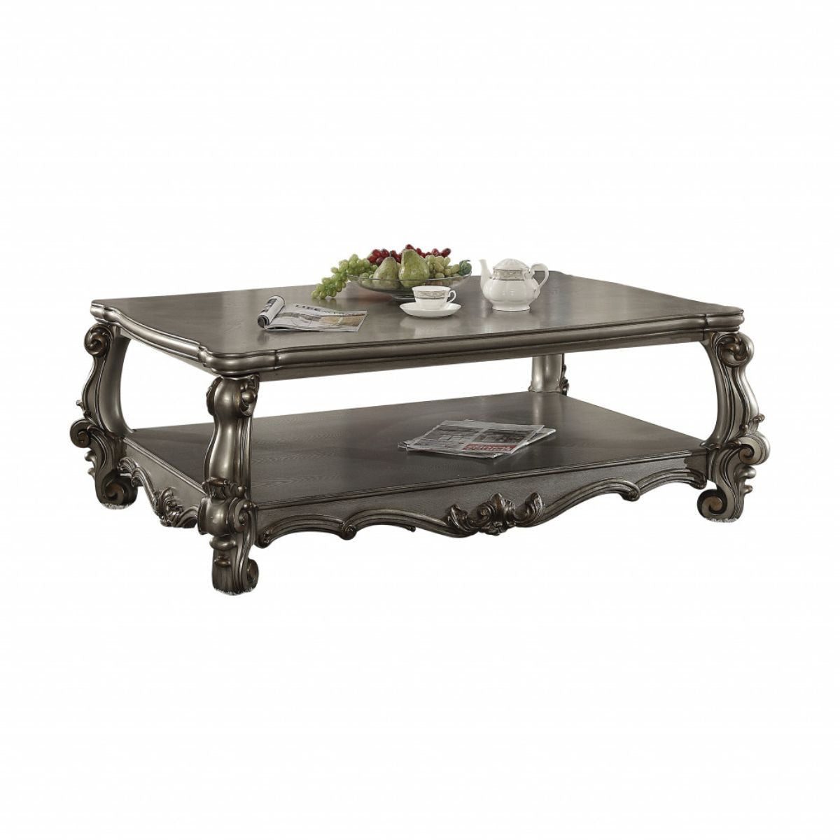 59" Gray Wood And Polyresin Coffee Table With Shelf - Living Room