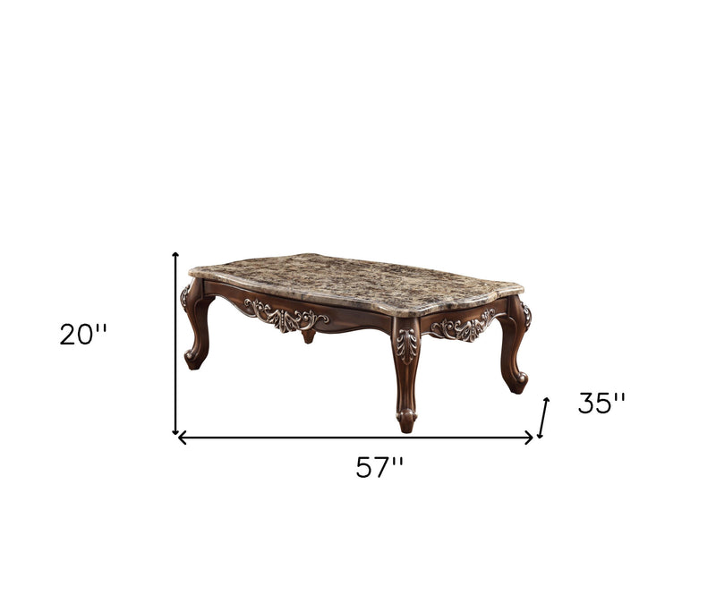 57 in x 35 in x 20 in brown faux marble coffee table with carved legs