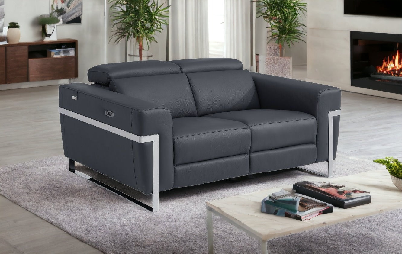 65" Gray And Silver Italian Leather Power Reclining Loveseat Default Title