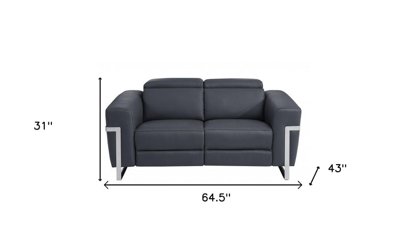 65" Gray And Silver Italian Leather Power Reclining Loveseat