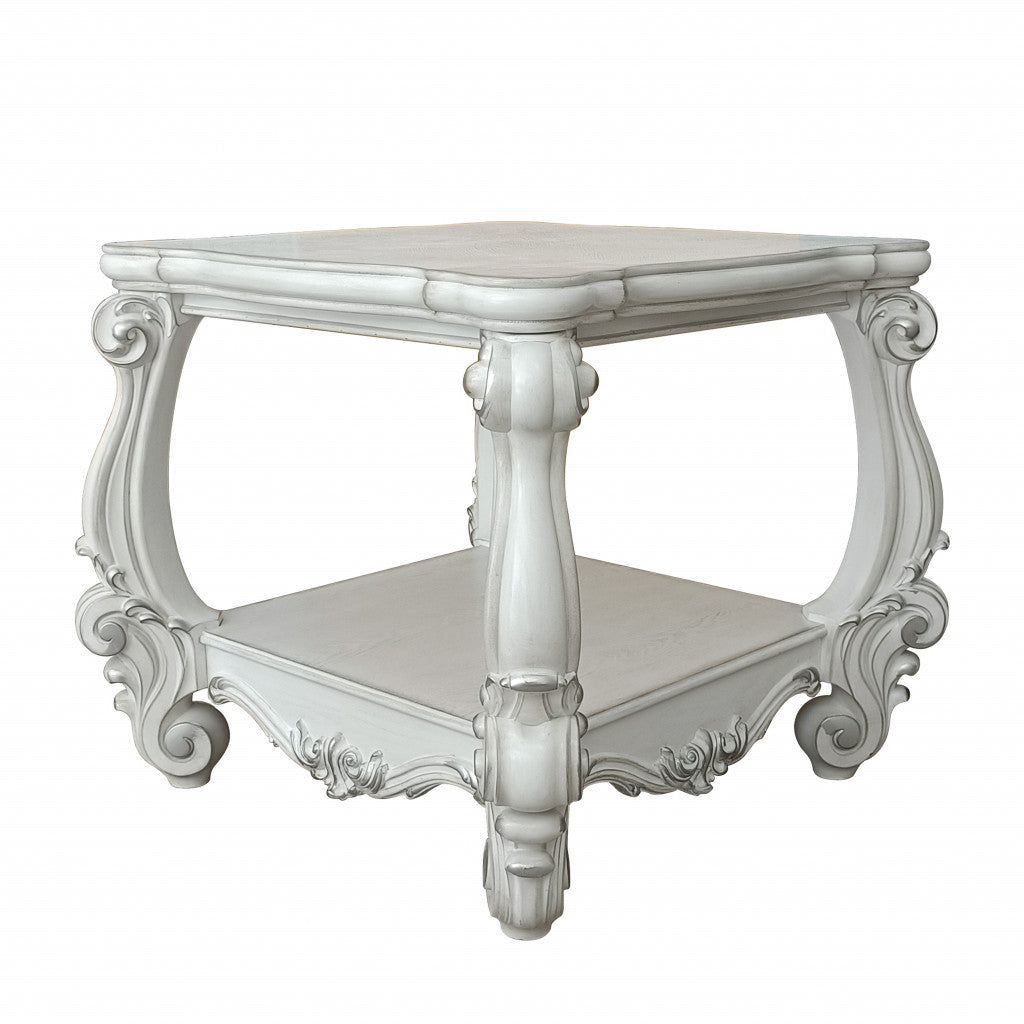 26" Antiqued White Manufactured Wood Square Scroll End Table With Shelf - Living Room