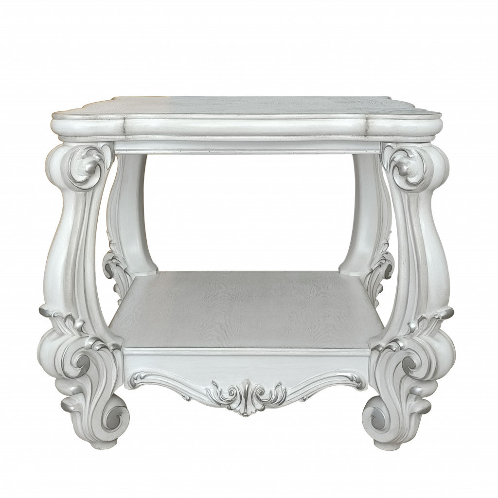 26" Antiqued White Manufactured Wood Square Scroll End Table With Shelf - Living Room