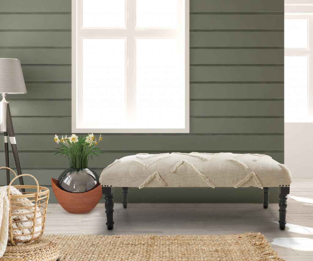 47" Cream and Black Cotton Upholstered Geometric Bench