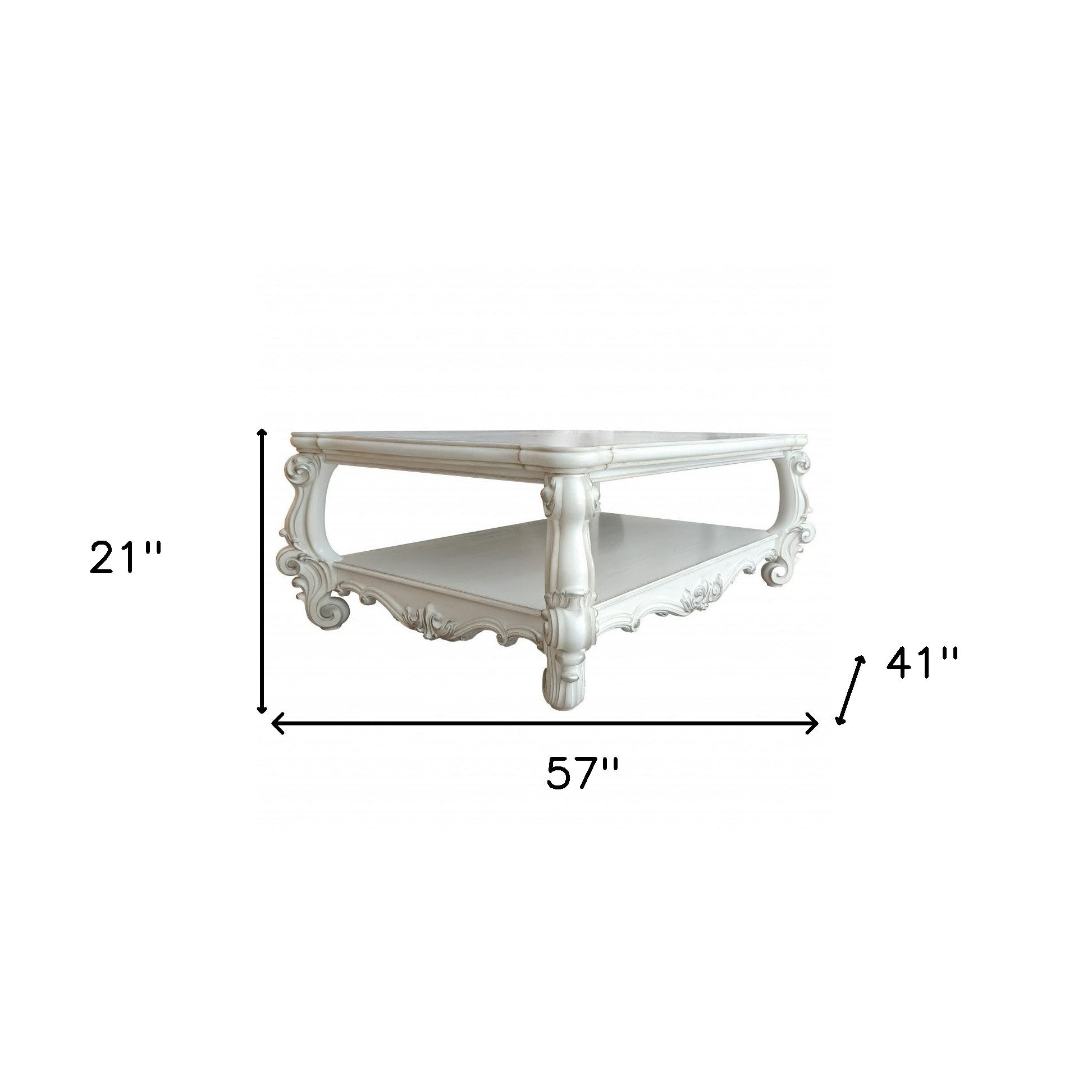 57" Antiqued White Wood Coffee Table With Shelf - Living Room