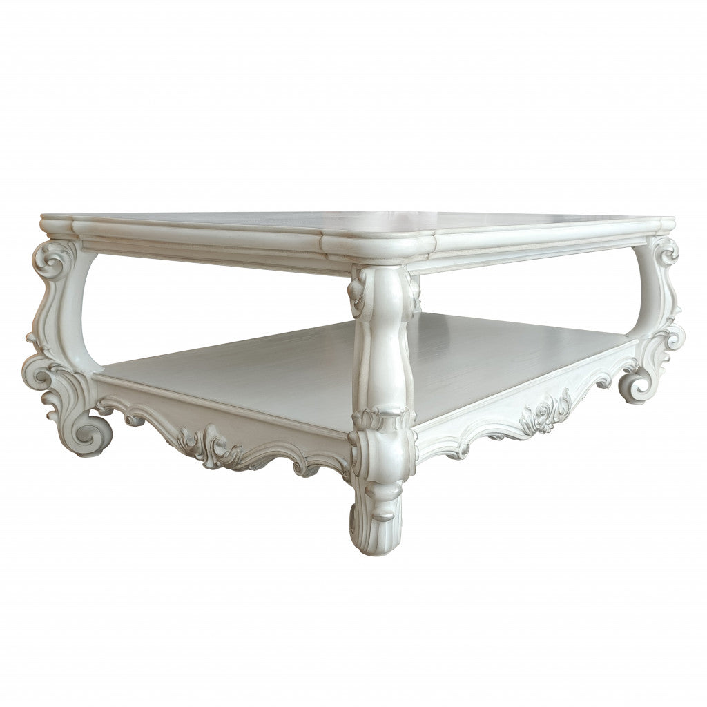 57" Antiqued White Wood Coffee Table With Shelf - Living Room