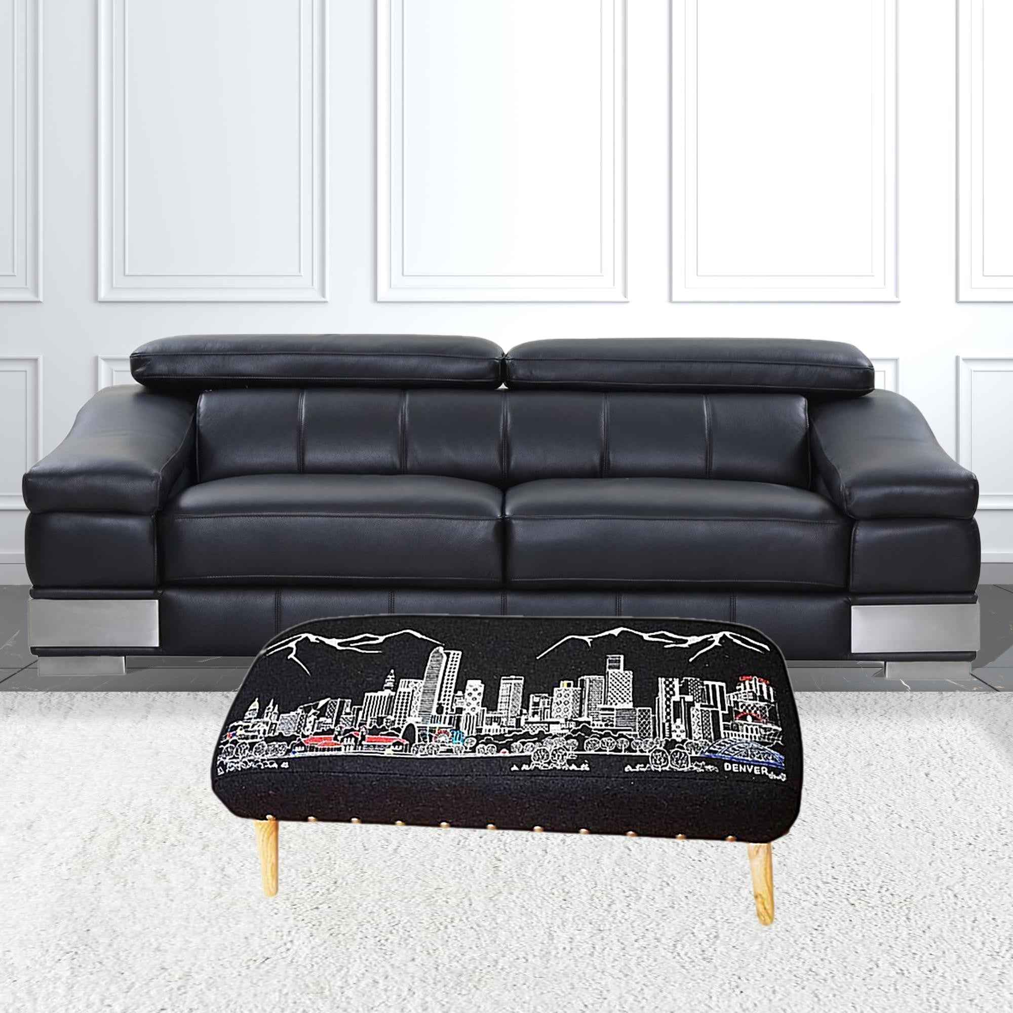 38" Gray Wool and Brown Ottoman