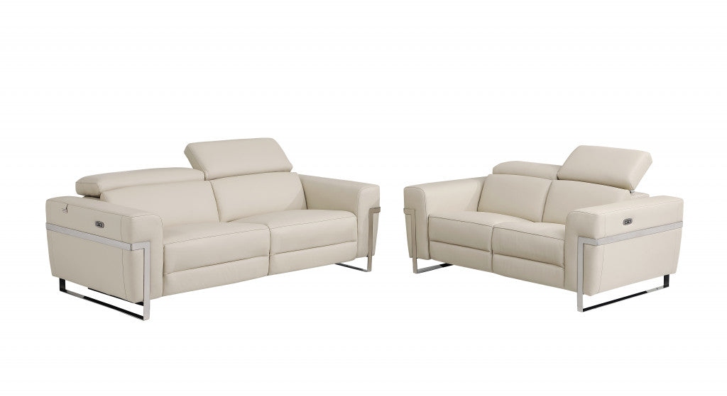 Two Piece Indoor Beige Italian Leather Five Person Seating Set - Living Room
