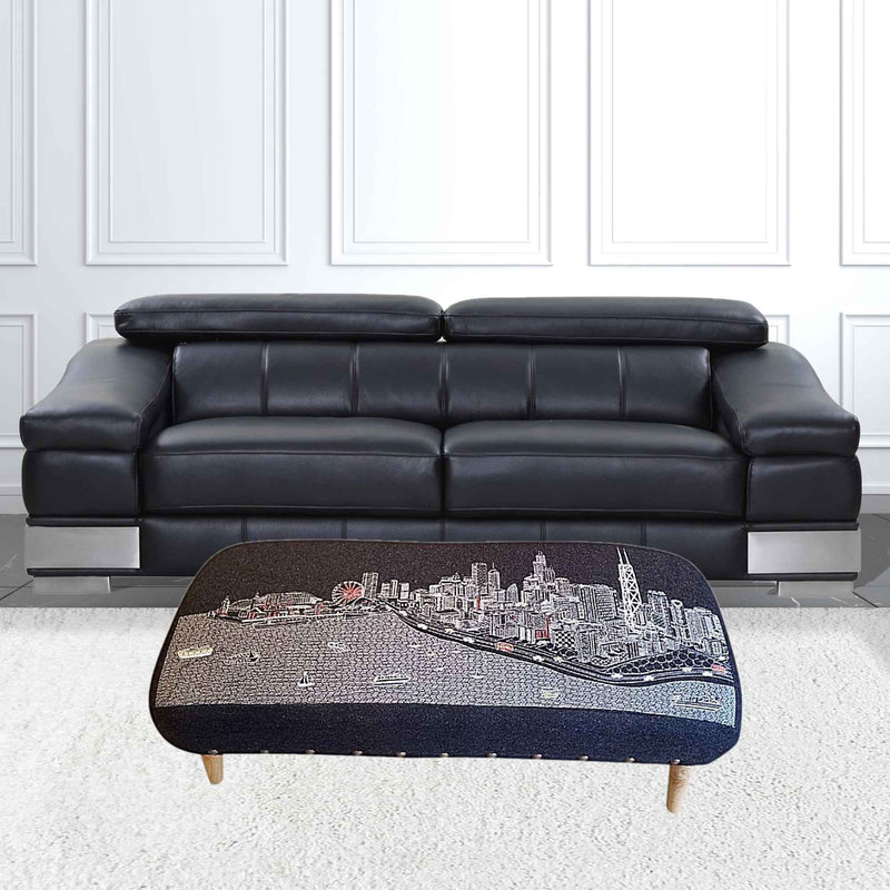 38" Gray Wool and Brown Ottoman