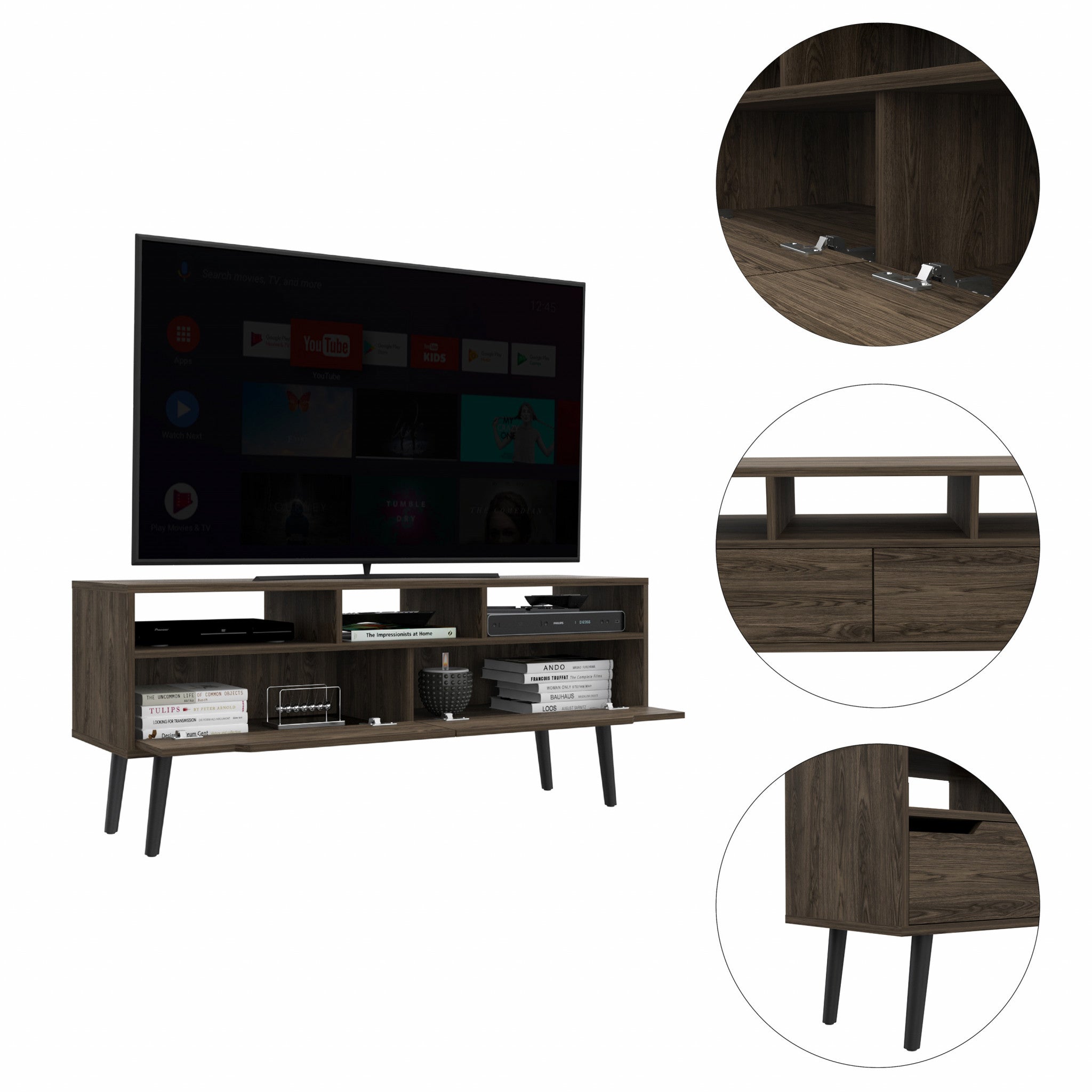 54" Dark Brown Walnut Enclosed and Open Storage TV Stand - Living Room