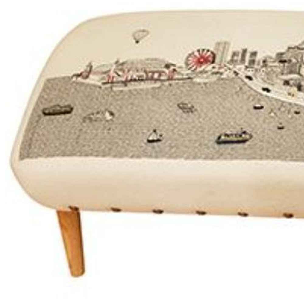 38" Cream Wool and Brown Ottoman