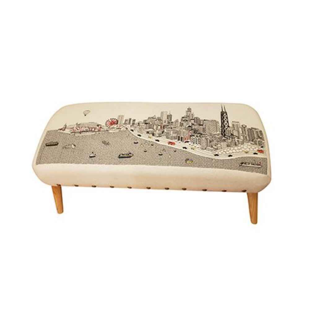 38" Cream Wool and Brown Ottoman