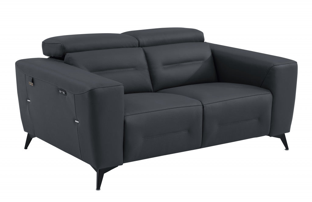 65" Gray And Black Italian Leather Power Reclining Loveseat - Living Room