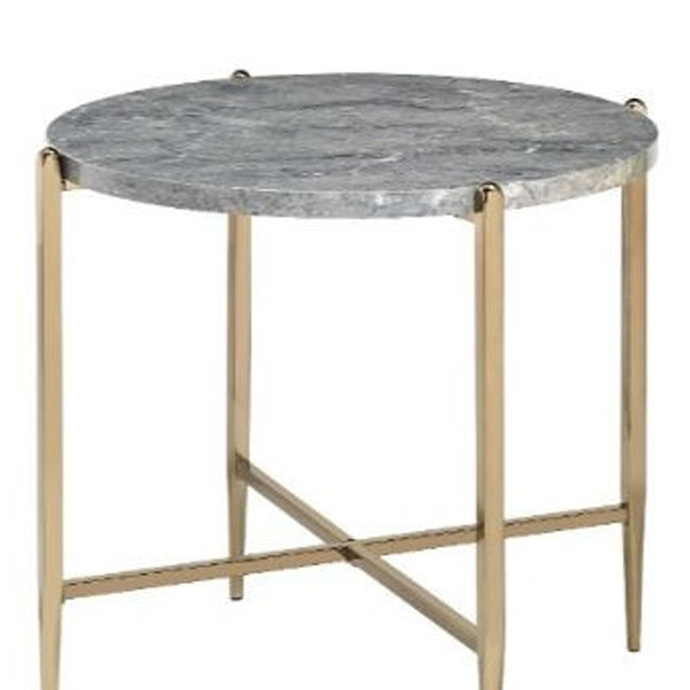24" Champagne And Light Gray Manufactured Wood And Metal Round End Table - Living Room