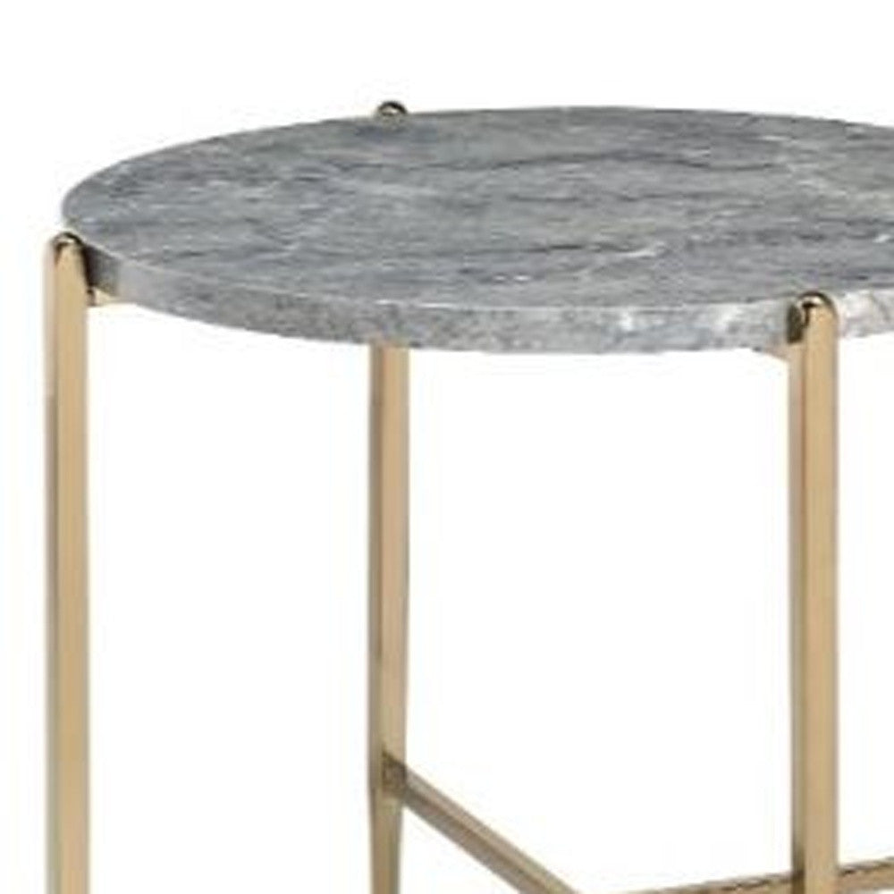 24" Champagne And Light Gray Manufactured Wood And Metal Round End Table - Living Room