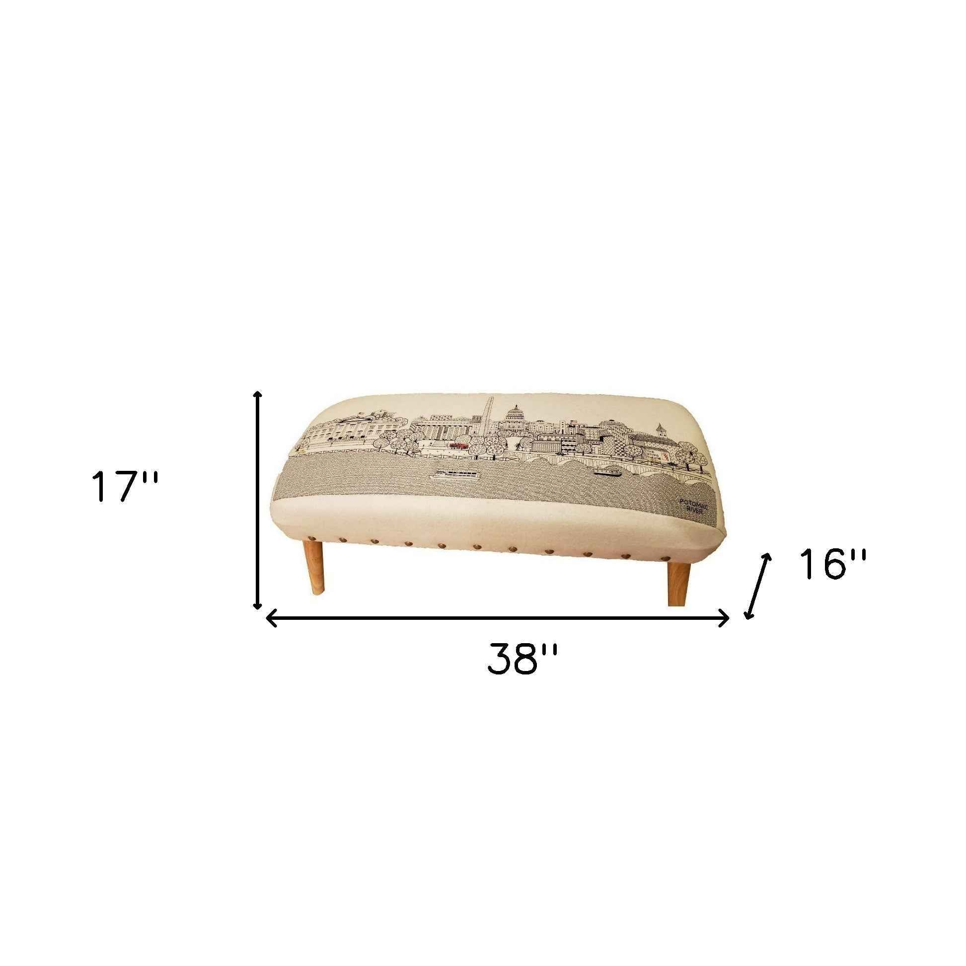 38" Cream Wool and Brown Ottoman