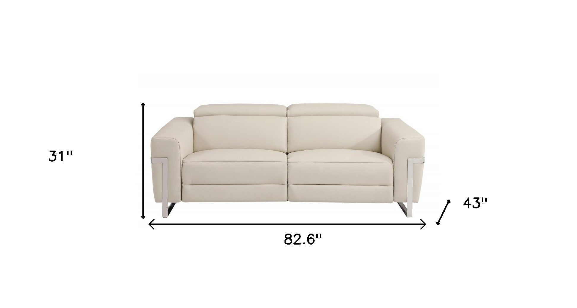 83" Beige Italian Leather USB Reclining Sofa With Silver Legs - Living Room