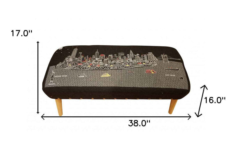 38" Gray Wool and Brown Ottoman