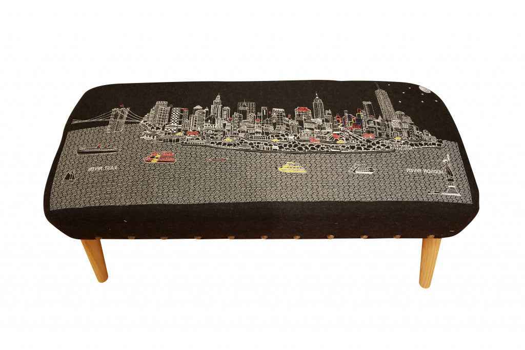 38" Gray Wool and Brown Ottoman