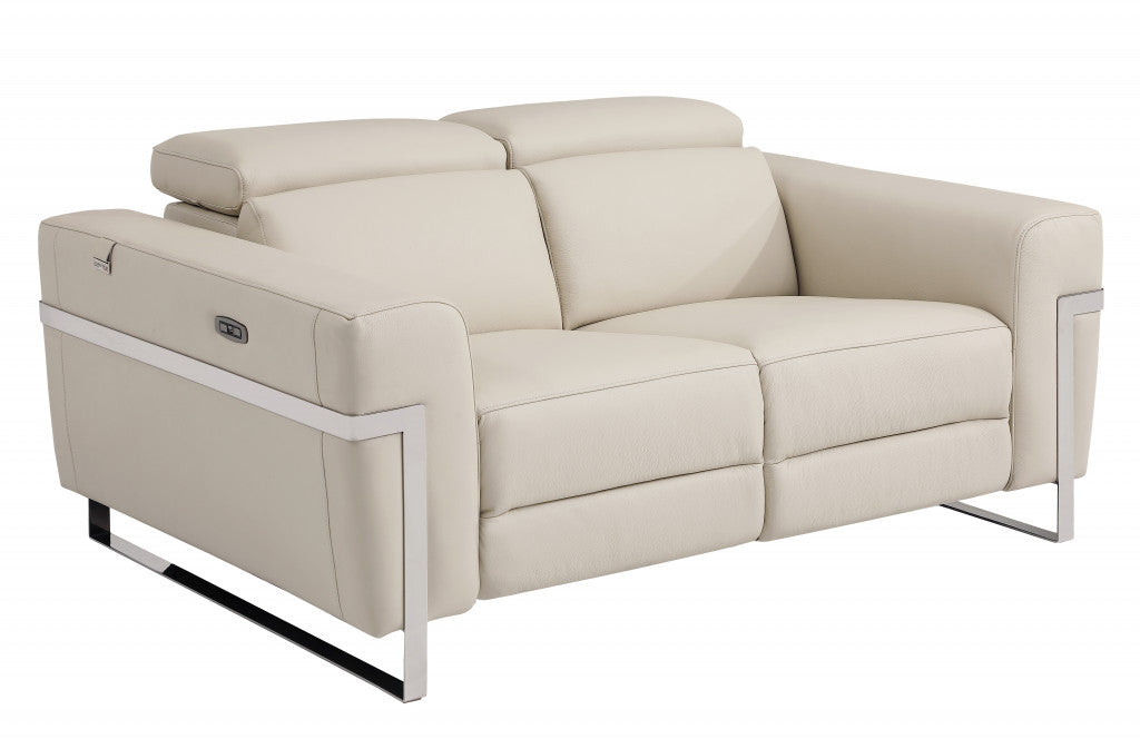 65" Beige And Silver Italian Leather Power Reclining Loveseat - Living Room