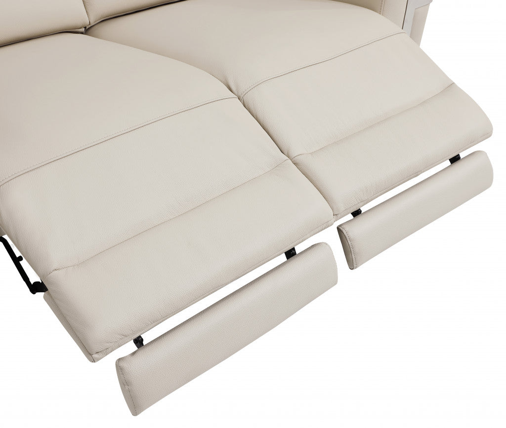 65" Beige And Silver Italian Leather Power Reclining Loveseat - Living Room