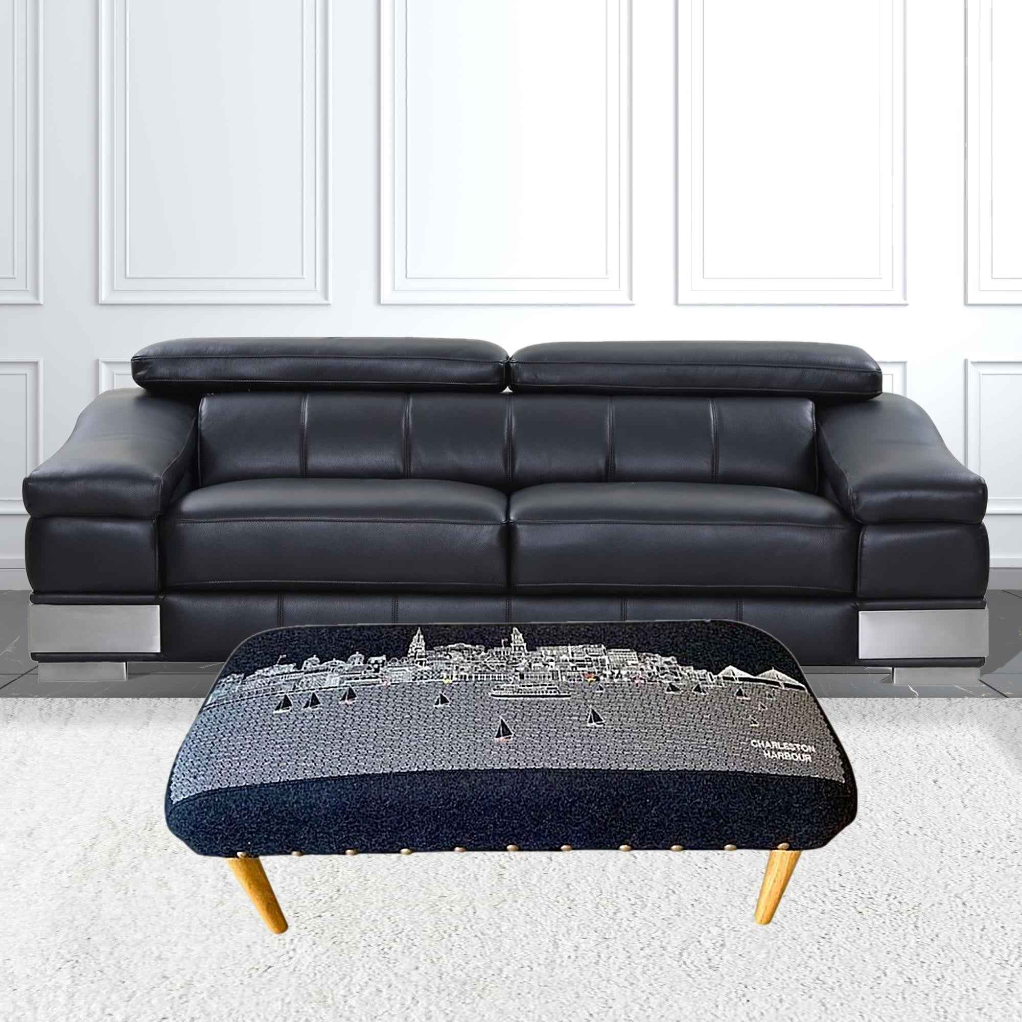 38" Gray Wool and Brown Ottoman