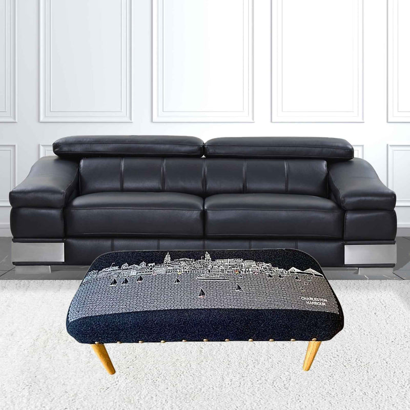 38" Gray Wool and Brown Ottoman