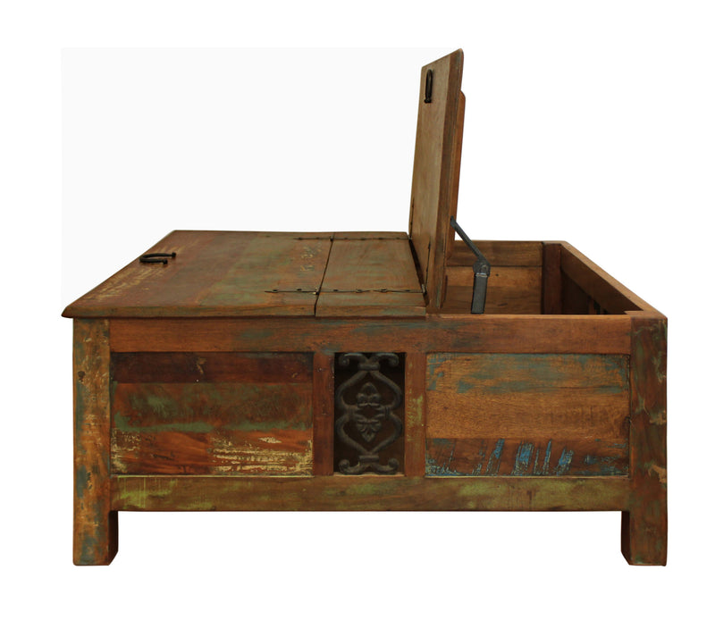 Brown lift-top trunk coffee table with open top and storage compartments