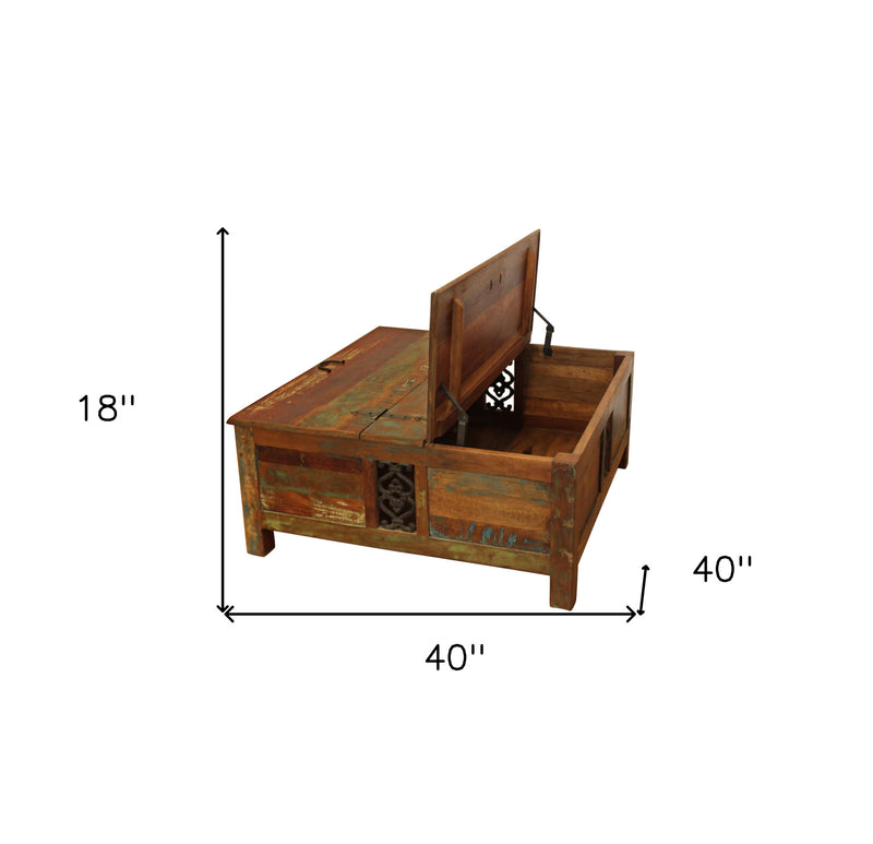 Square lift-top trunk coffee table, 40 in wide; open top height 18 in