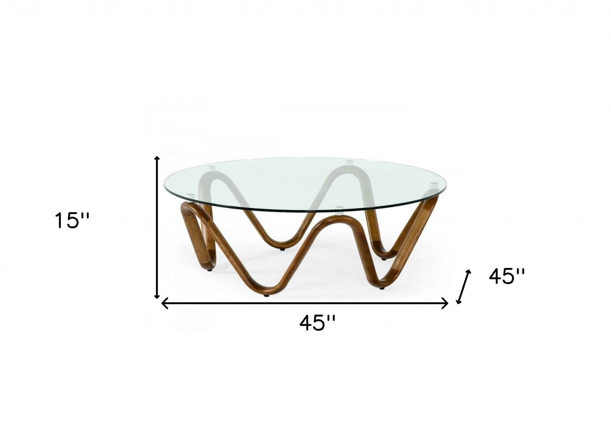 45" Clear and Brown Glass And Solid Wood Round Abstract Coffee Table
