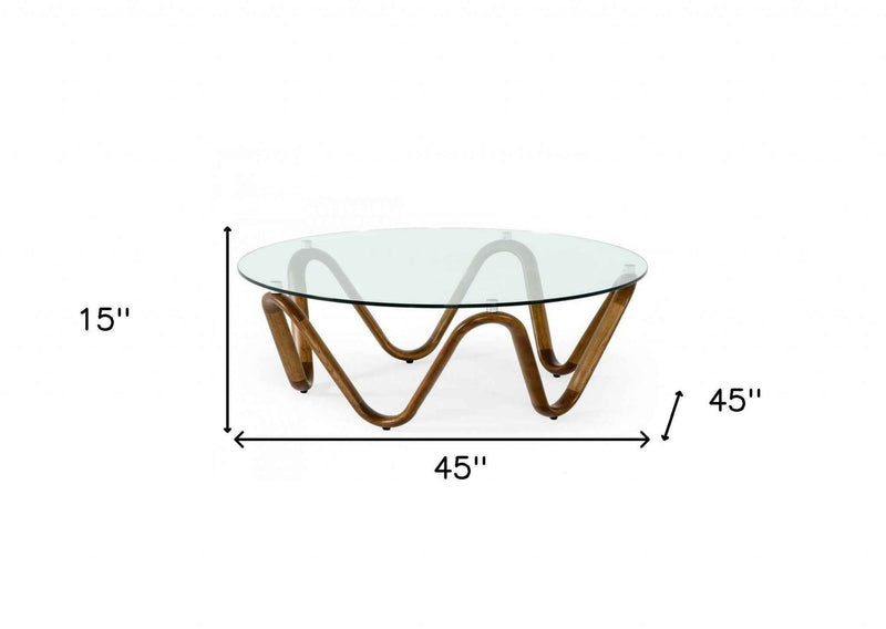 45" Clear and Brown Glass And Solid Wood Round Abstract Coffee Table