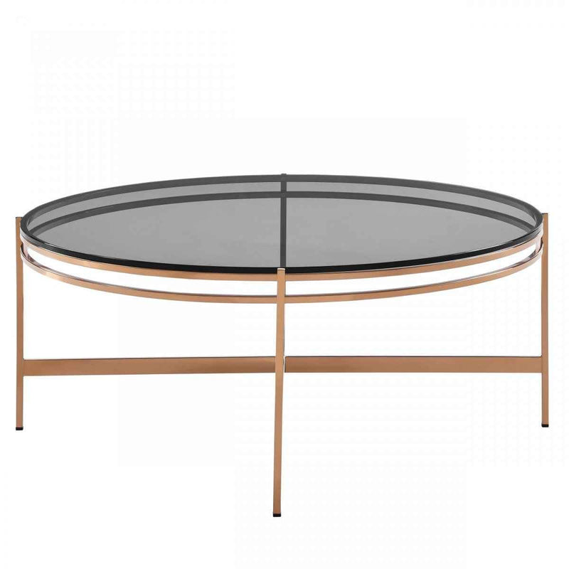 35" Gray and Gold Glass And Stainless Steel Round Coffee Table