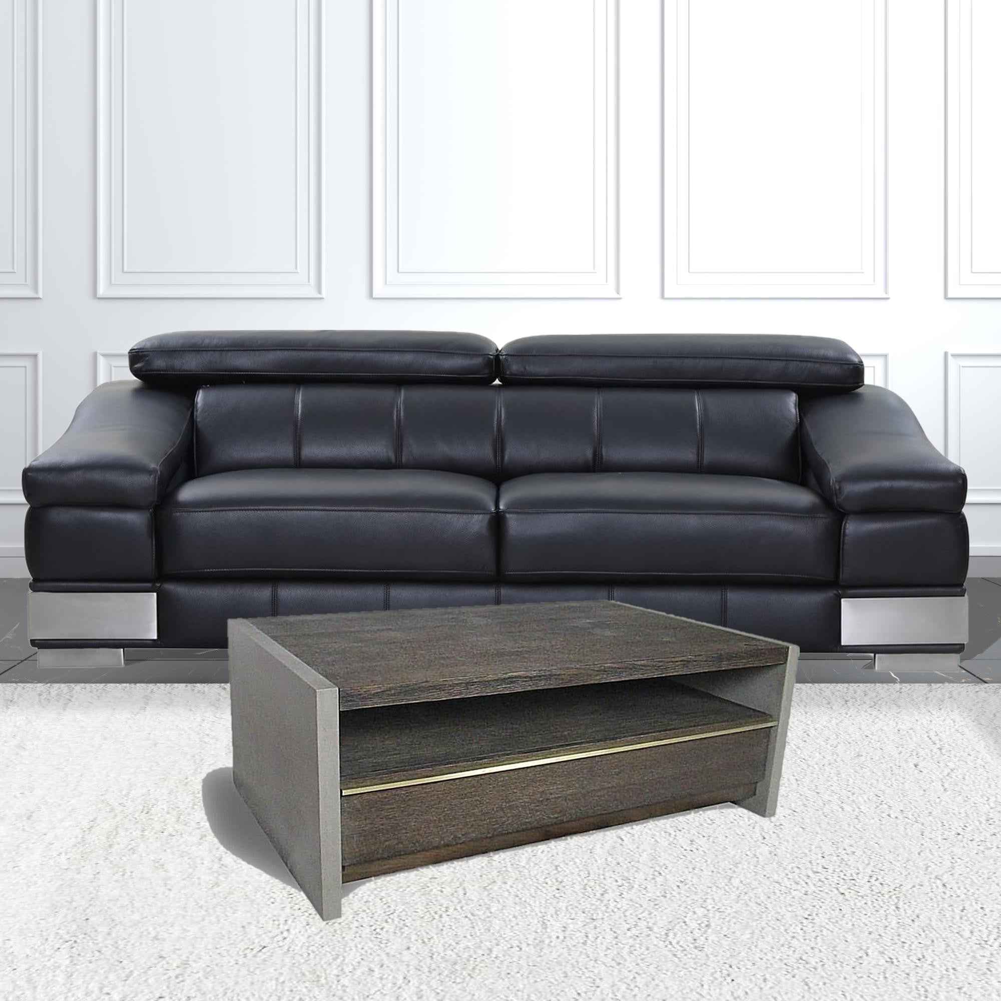 47" Brown and Dark Gray Solid Wood And Concrete Block Coffee Table With Drawer And Shelf