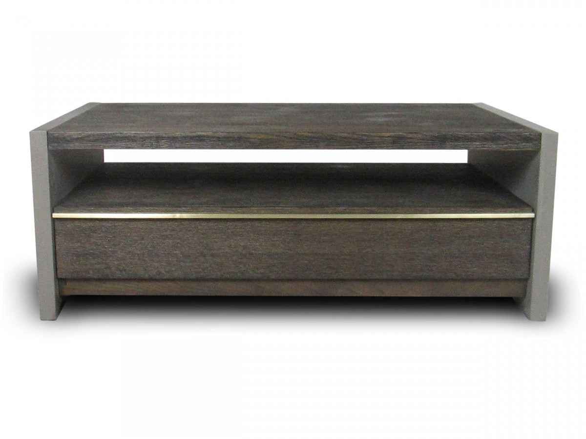 47" Brown and Dark Gray Solid Wood And Concrete Block Coffee Table With Drawer And Shelf
