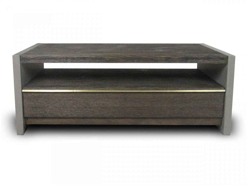 47" Brown and Dark Gray Solid Wood And Concrete Block Coffee Table With Drawer And Shelf