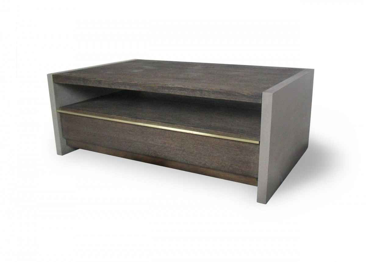 47" Brown and Dark Gray Solid Wood And Concrete Block Coffee Table With Drawer And Shelf